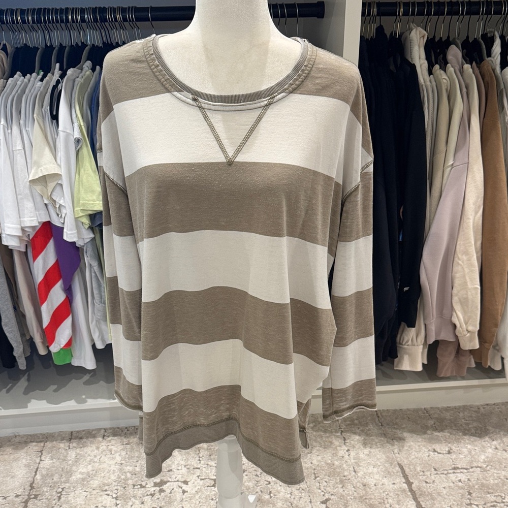Z Supply Taupe & White Wide-Stripe Long Sleeve Top
